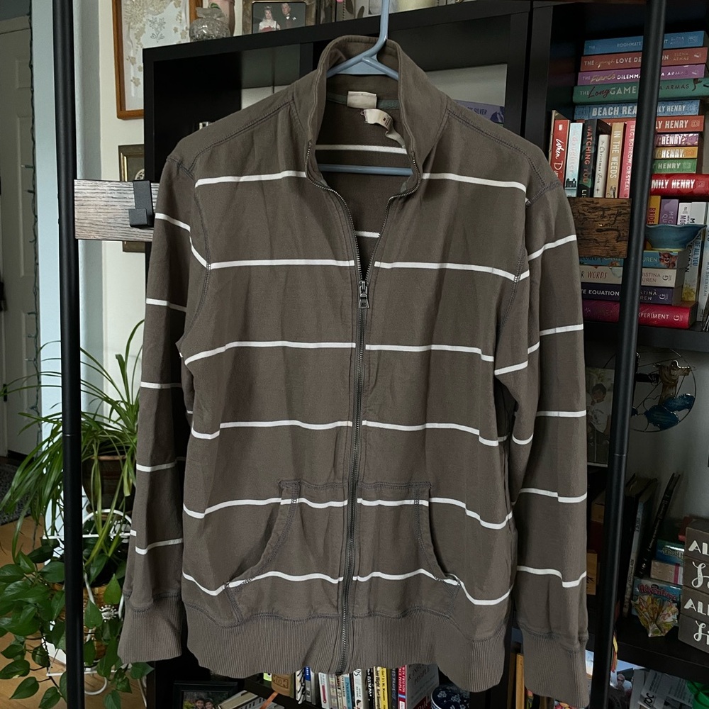 Merona Men's Tan Zip-Up Sweater with White Stripes